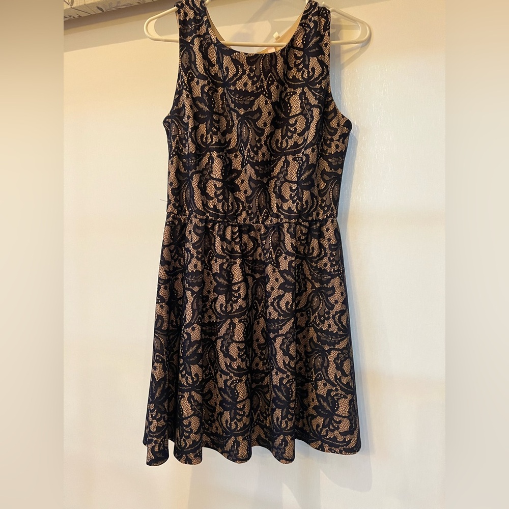 Elegant Navy and Tan Lace Dress
